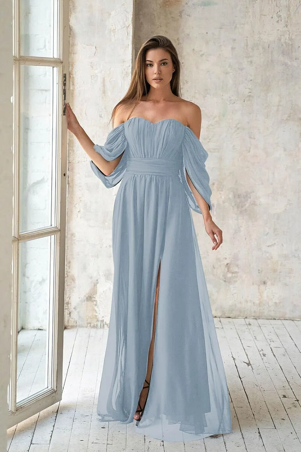 Women's Off The Shoulder Bridesmaid Dresses Long Chiffon Formal Wedding Guest Dresses with Slit