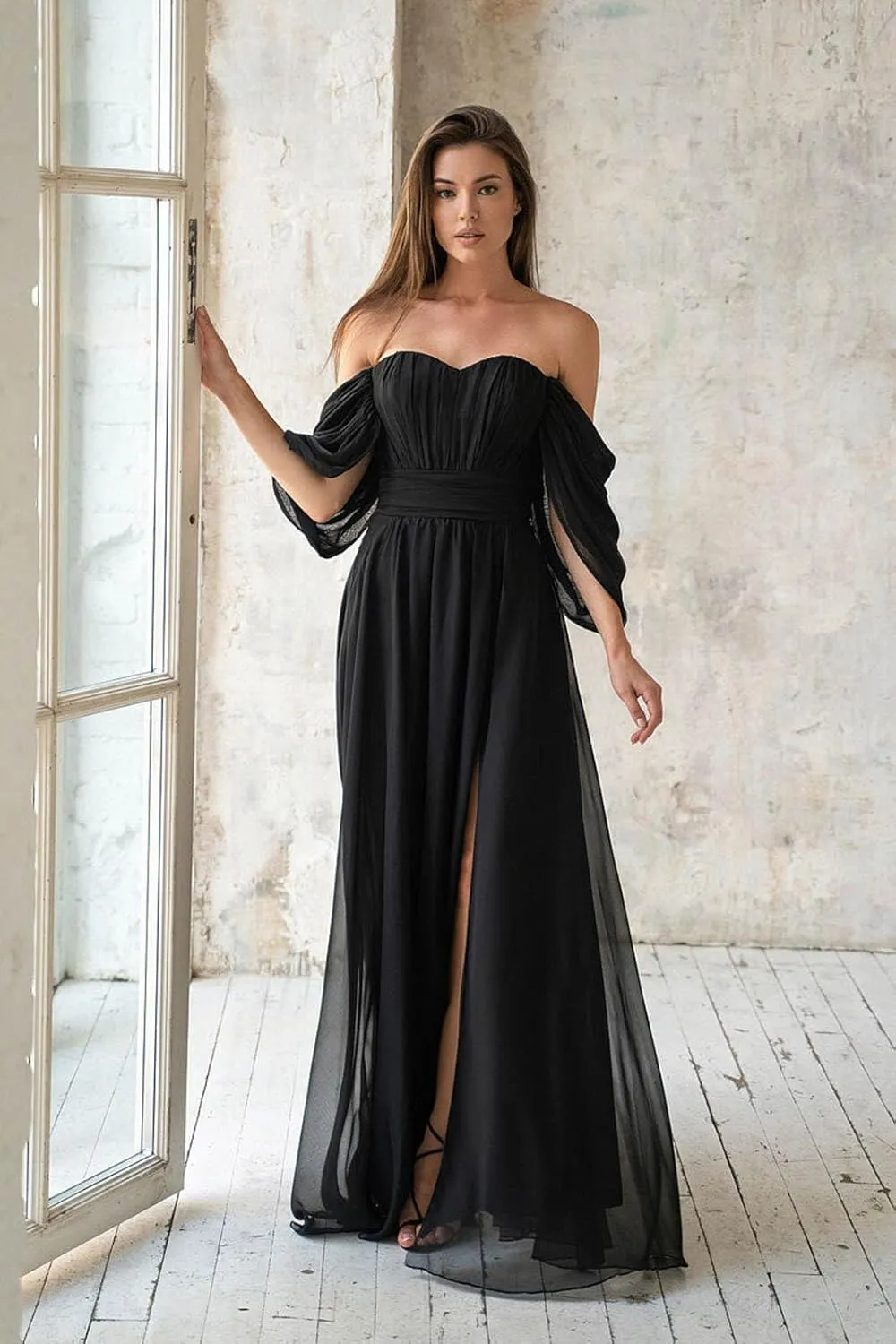 Women's Off The Shoulder Bridesmaid Dresses Long Chiffon Formal Wedding Guest Dresses with Slit