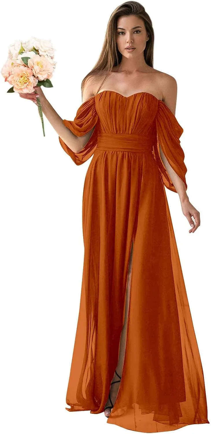 Women's Off The Shoulder Bridesmaid Dresses Long Chiffon Formal Wedding Guest Dresses with Slit