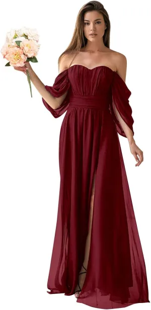 Women's Off The Shoulder Bridesmaid Dresses Long Chiffon Formal Wedding Guest Dresses with Slit