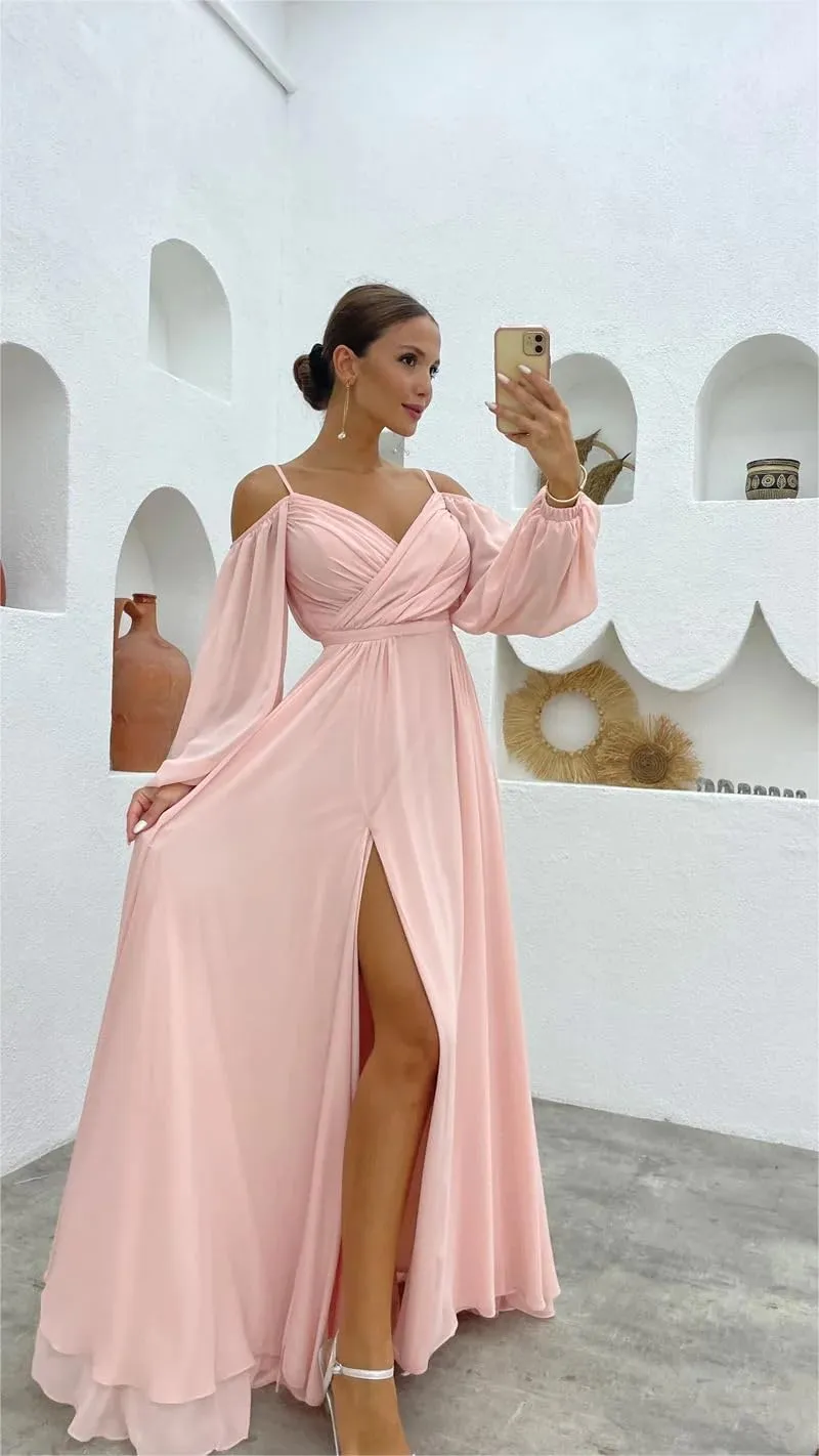 Women's Off The Shoulder Long Sleeve Bridesmaid Dresses with Slit Chiffon Formal Wedding Guest Dresses