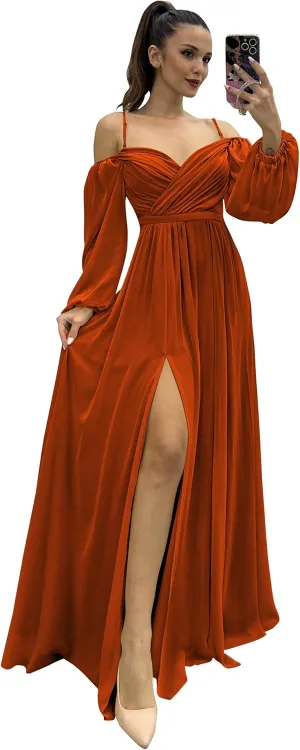 Women's Off The Shoulder Long Sleeve Bridesmaid Dresses with Slit Chiffon Formal Wedding Guest Dresses