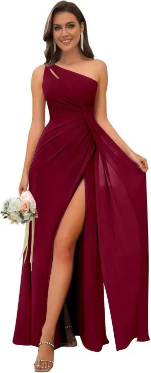 Women's One Shoulder Bridesmaid Dresses for Wedding with Slit Ruched Chiffon Long Formal Dress Evening Gown