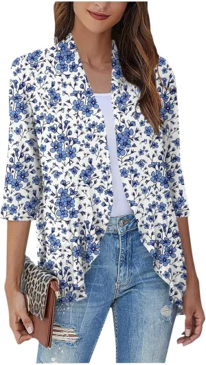 Womens Open Front Cardigan Lightweight Retro Print Cardigans 3/4 Sleeve Blouse Tops Coat Casual Duster Jackets