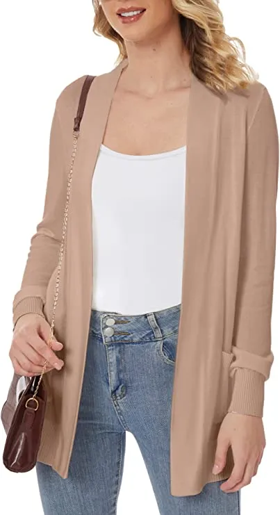 Women's Open Front Lightweight Knit Cardigans Long Sleeve Sweaters with Pockets