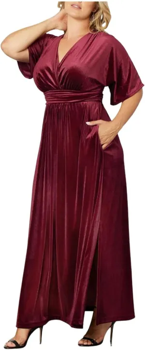 Womens Plus Size Short Sleeve Flowy Midi Dresses Summer Casual V Neck Dress Solid Cocktail Party Dress with Pockets