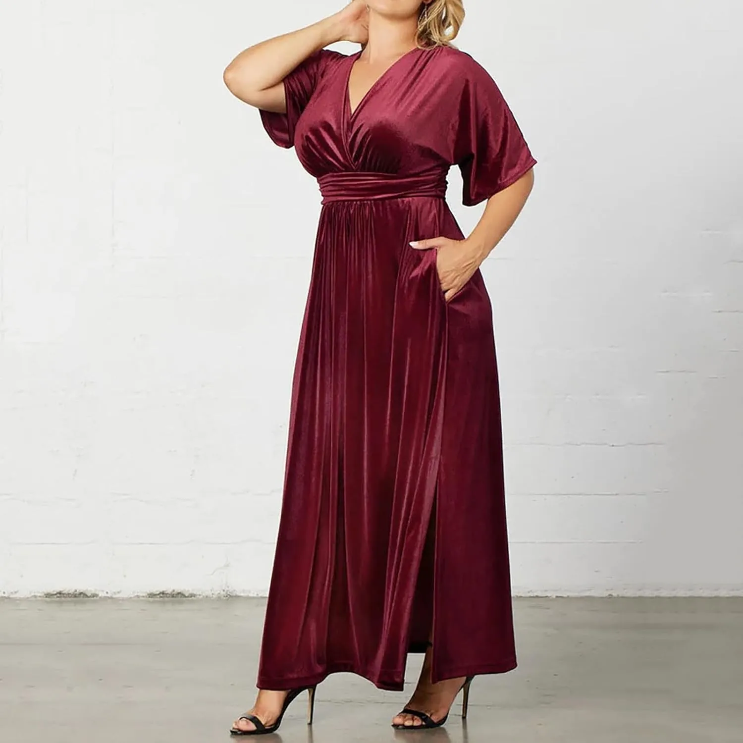 Womens Plus Size Short Sleeve Flowy Midi Dresses Summer Casual V Neck Dress Solid Cocktail Party Dress with Pockets