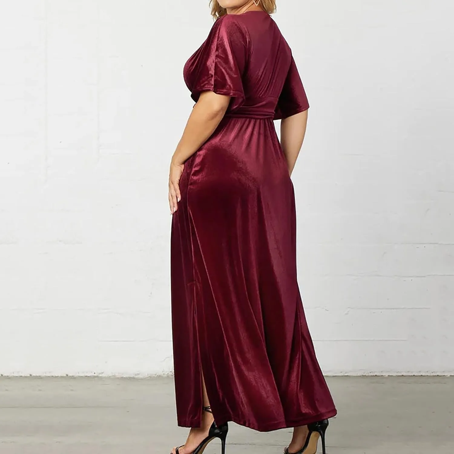 Womens Plus Size Short Sleeve Flowy Midi Dresses Summer Casual V Neck Dress Solid Cocktail Party Dress with Pockets