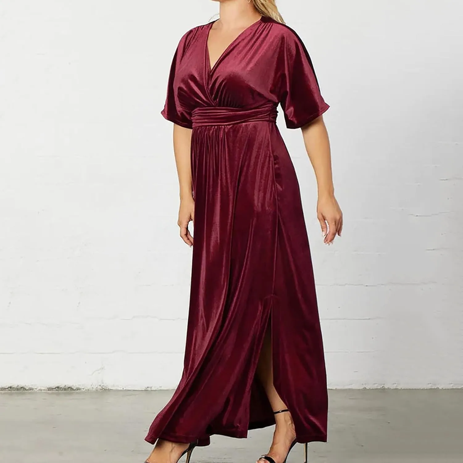 Womens Plus Size Short Sleeve Flowy Midi Dresses Summer Casual V Neck Dress Solid Cocktail Party Dress with Pockets
