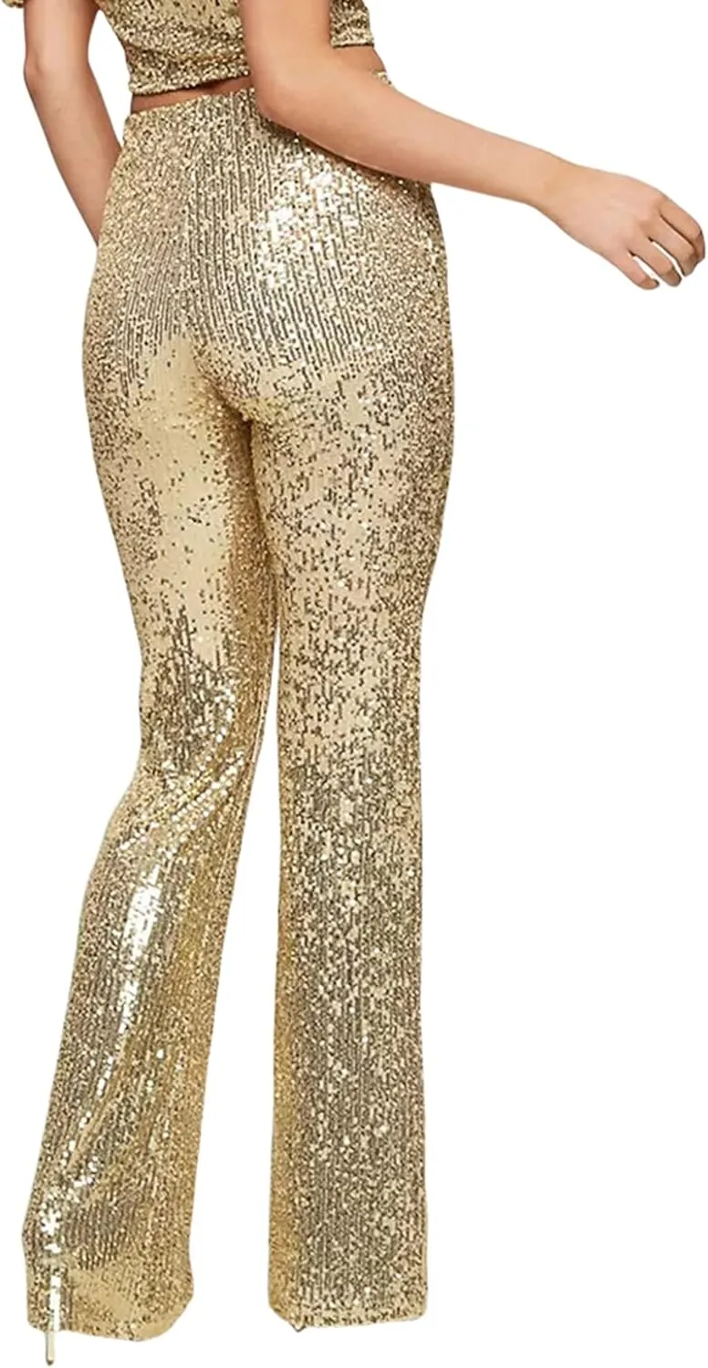 Womens Sequin Flare Pants High Waist Glitter Wide Leg Bell Bottom Leggings Party Trousers