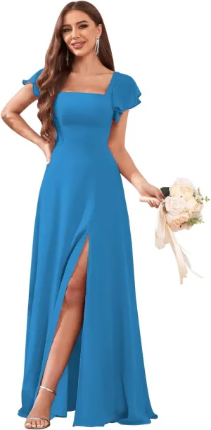 Women's Short Sleeve Square Neck Bridesmaid Dresses with Slit Chiffon Long Formal Evening Dresses