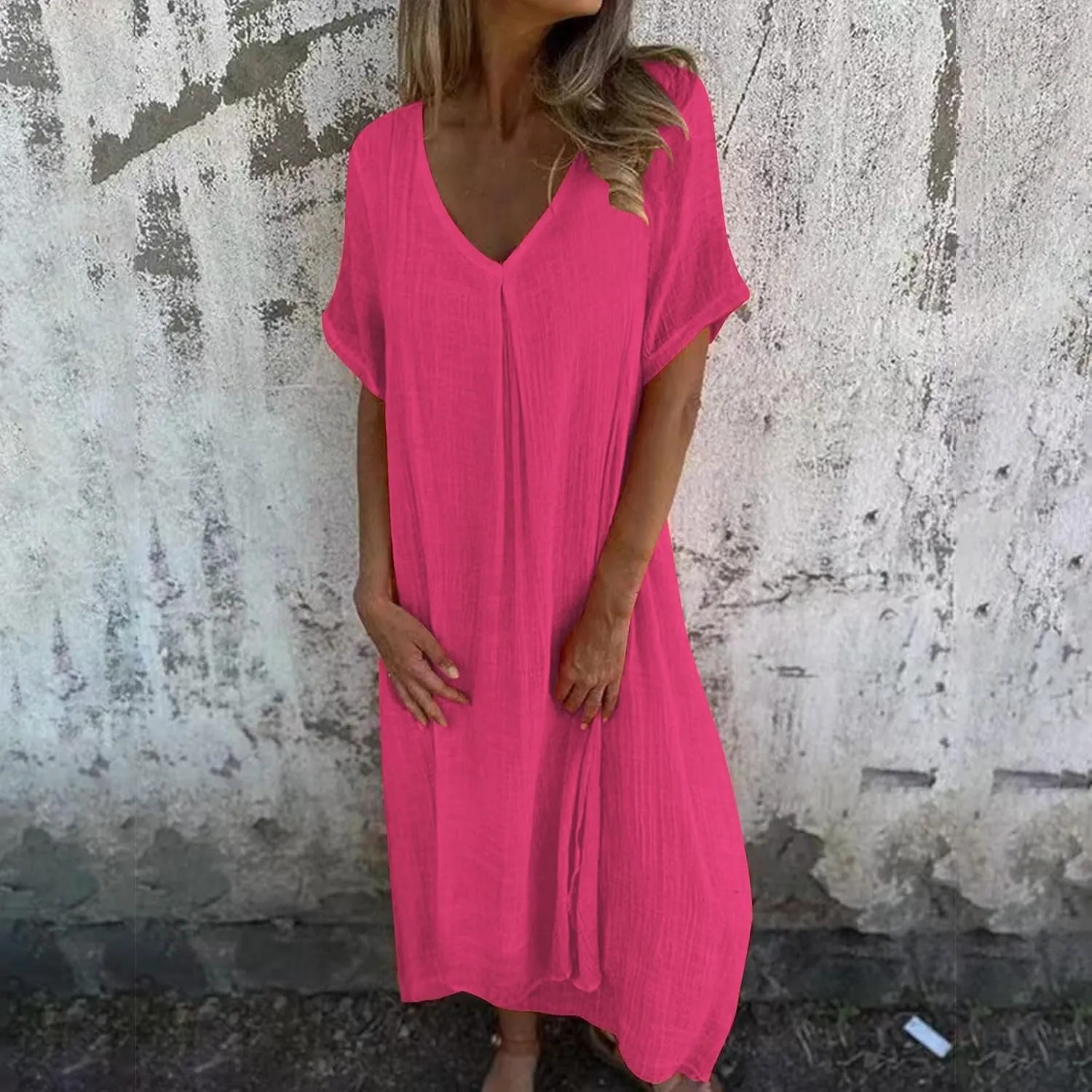 Women's Summer Beach Comforable T Shirt Dress V Neck Cotton Linen Casual Tunic Short Sleeve Boho Flowy Sun Dresses