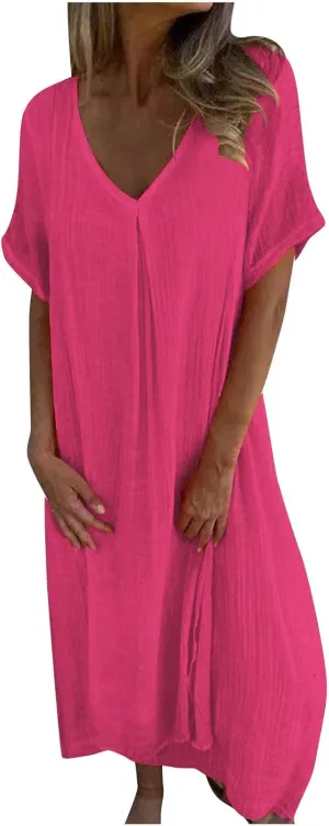 Women's Summer Beach Comforable T Shirt Dress V Neck Cotton Linen Casual Tunic Short Sleeve Boho Flowy Sun Dresses