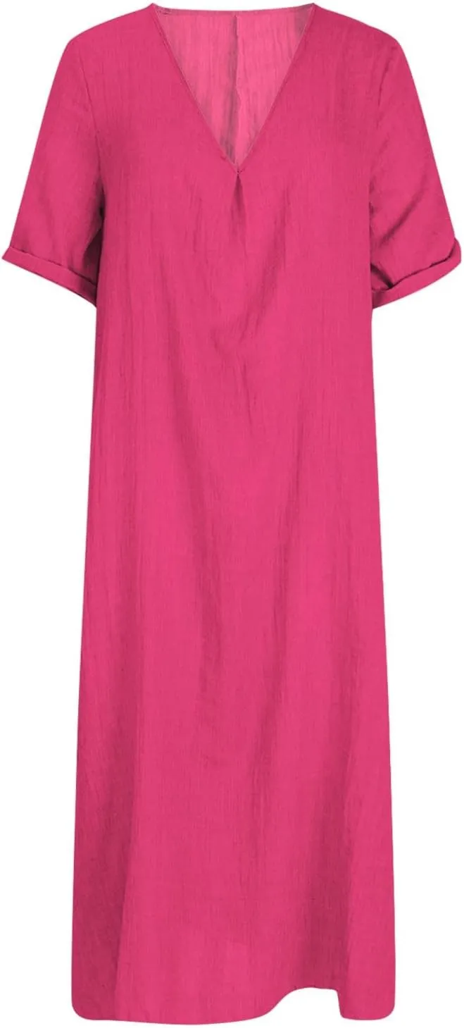 Women's Summer Beach Comforable T Shirt Dress V Neck Cotton Linen Casual Tunic Short Sleeve Boho Flowy Sun Dresses