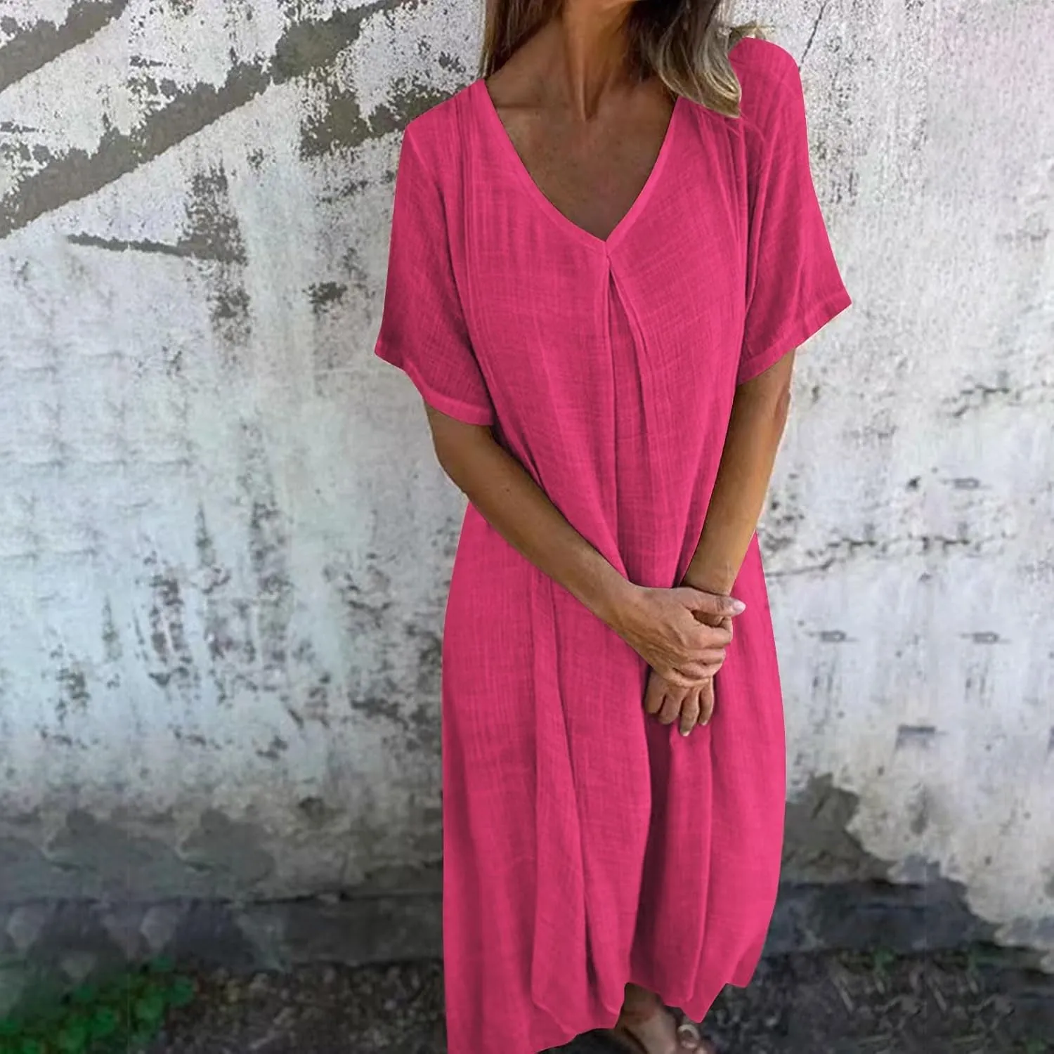 Women's Summer Beach Comforable T Shirt Dress V Neck Cotton Linen Casual Tunic Short Sleeve Boho Flowy Sun Dresses