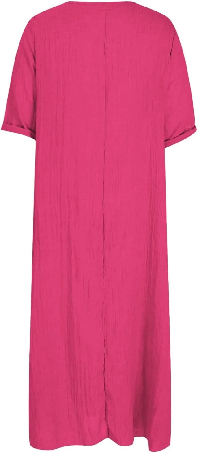 Women's Summer Beach Comforable T Shirt Dress V Neck Cotton Linen Casual Tunic Short Sleeve Boho Flowy Sun Dresses
