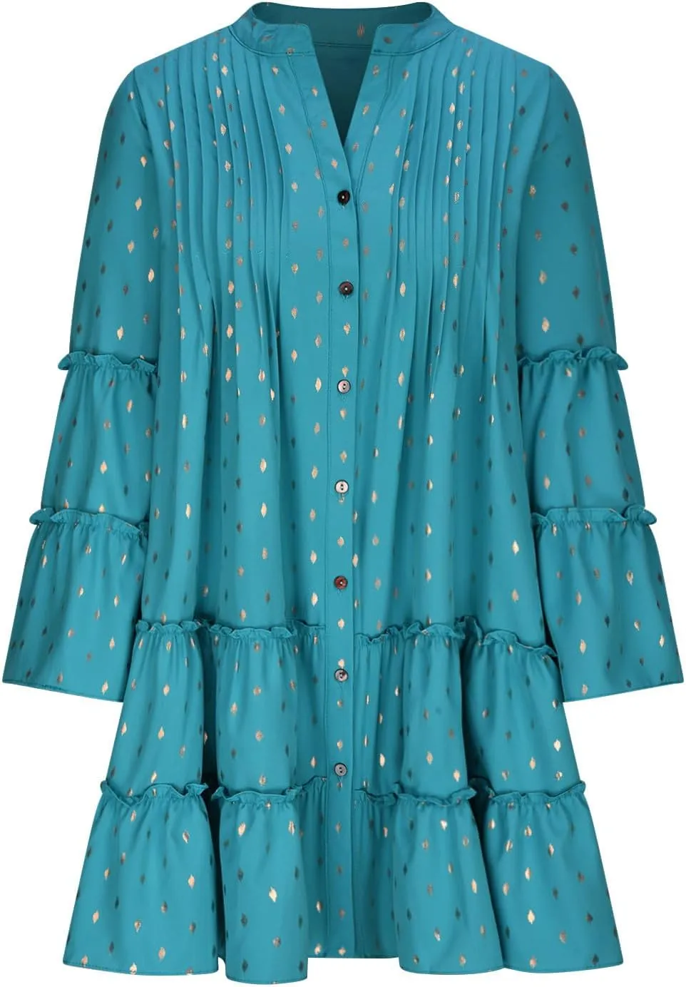 Women's Summer Button Down Pleated Shirt Dress Bell Long Sleeve Tiered Ruffle Flowy A-Line Swing Mini Babydoll Dresses