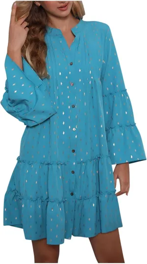 Women's Summer Button Down Pleated Shirt Dress Bell Long Sleeve Tiered Ruffle Flowy A-Line Swing Mini Babydoll Dresses