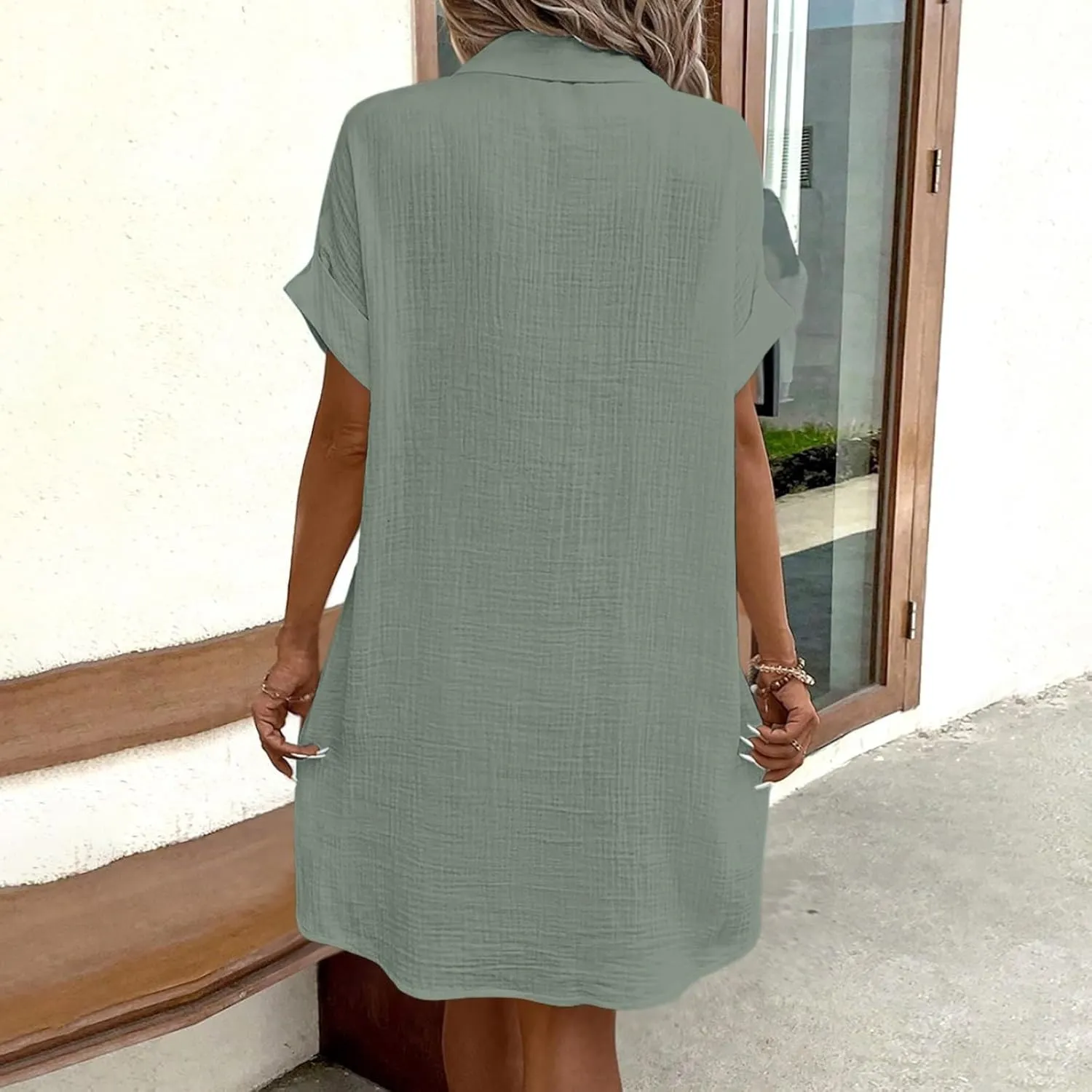Womens Summer Button Down Shirt Dress Short Cap Sleeve Mini Dresses Loose Fit Casual Sundress with Pockets