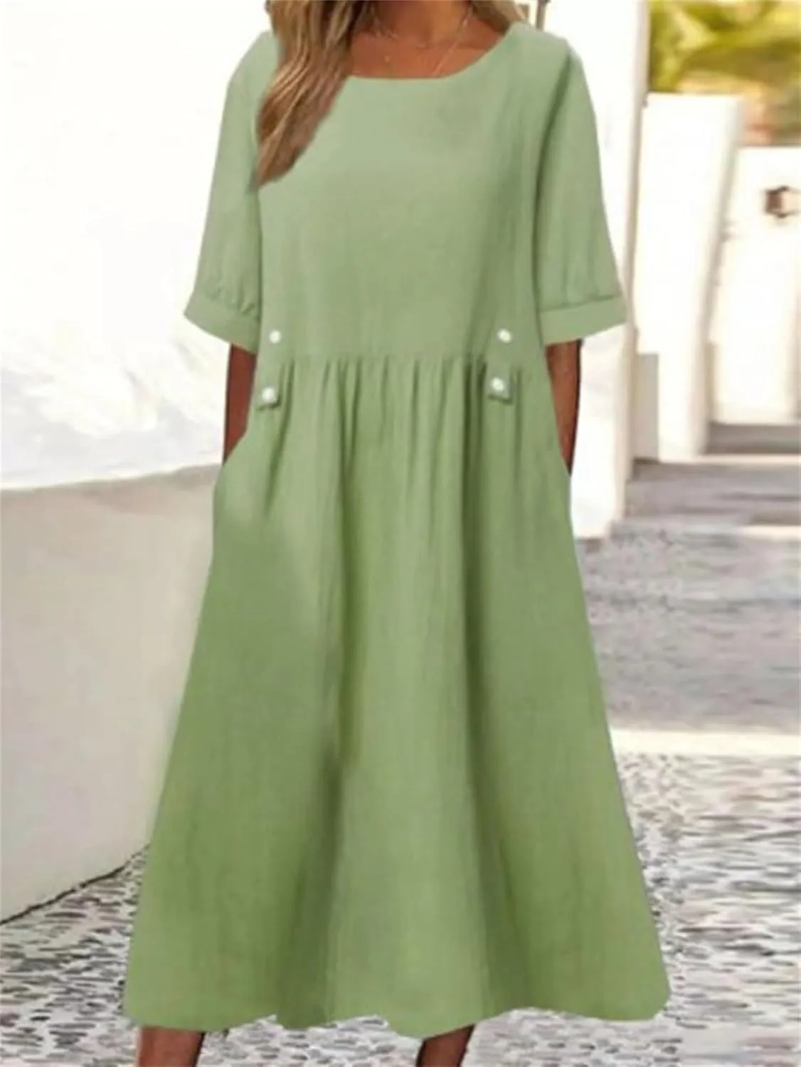 Women's Summer Cotton Linen Casual Midi Dress Plus Size Short Sleeve Flowy Beach Long Dresses Vacation Party Dresses