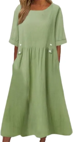 Women's Summer Cotton Linen Casual Midi Dress Plus Size Short Sleeve Flowy Beach Long Dresses Vacation Party Dresses