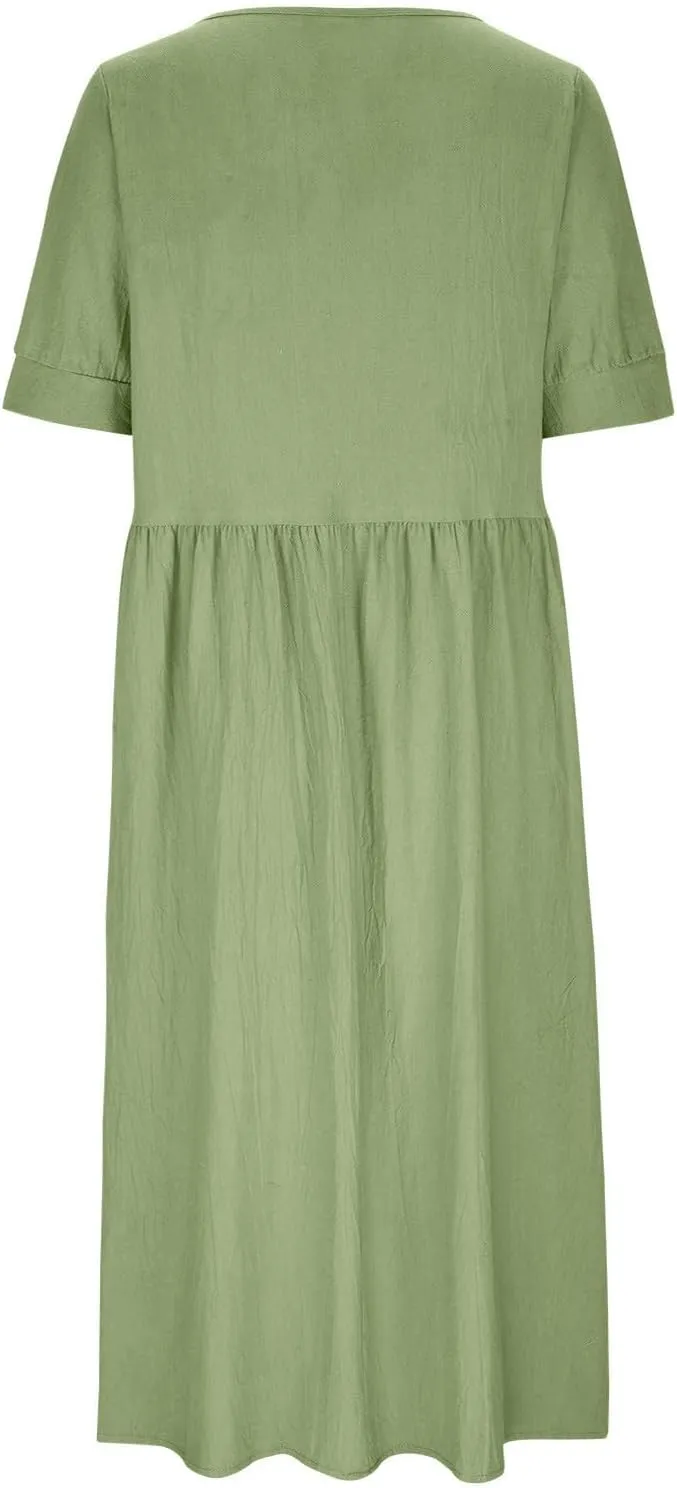 Women's Summer Cotton Linen Casual Midi Dress Plus Size Short Sleeve Flowy Beach Long Dresses Vacation Party Dresses