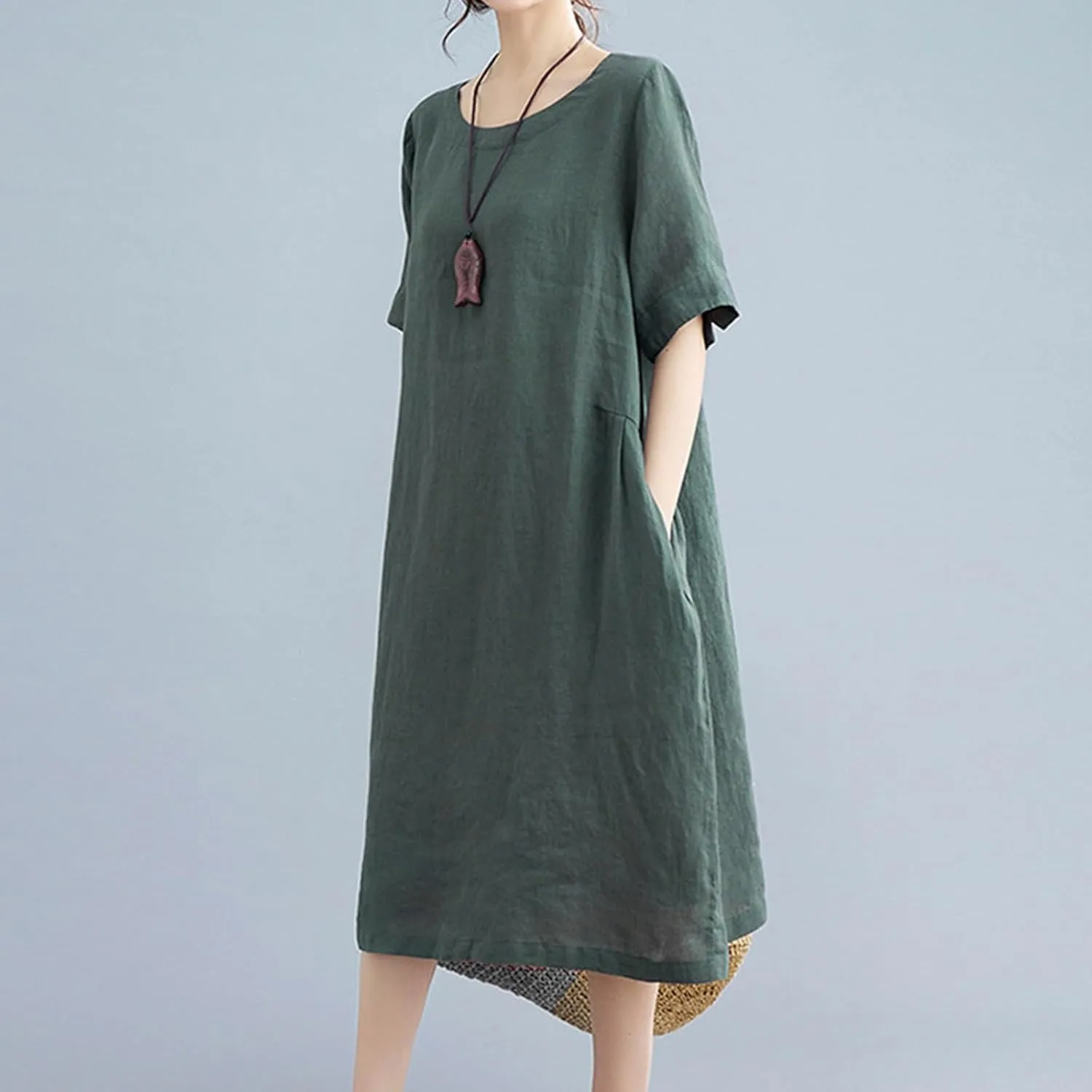 Women's Summer Cotton Linen Dresses with Pockets Solid Color Short Sleeve Crew Neck Casual Loose Fit Midi Dress