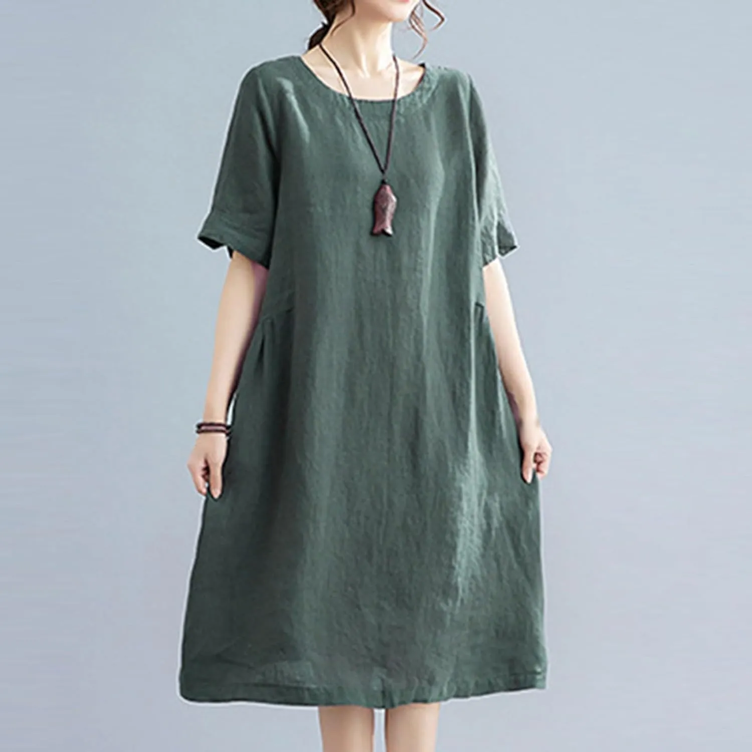 Women's Summer Cotton Linen Dresses with Pockets Solid Color Short Sleeve Crew Neck Casual Loose Fit Midi Dress