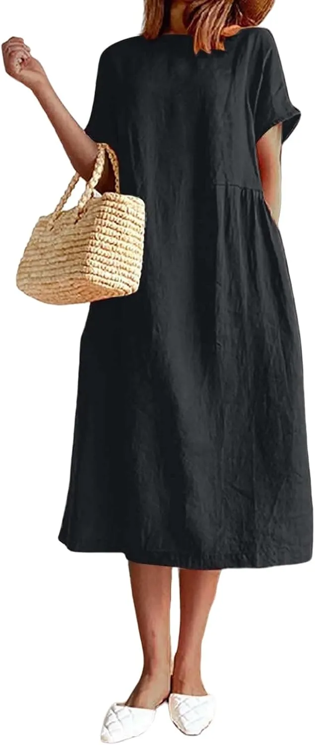 Women's Summer Dresses Casual Short Sleeve Cotton Linen Dress Solid Color Loose Beach T-Shirt Sundress with Pockets
