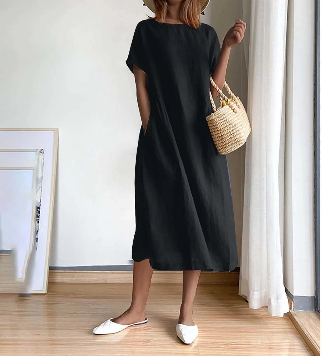 Women's Summer Dresses Casual Short Sleeve Cotton Linen Dress Solid Color Loose Beach T-Shirt Sundress with Pockets