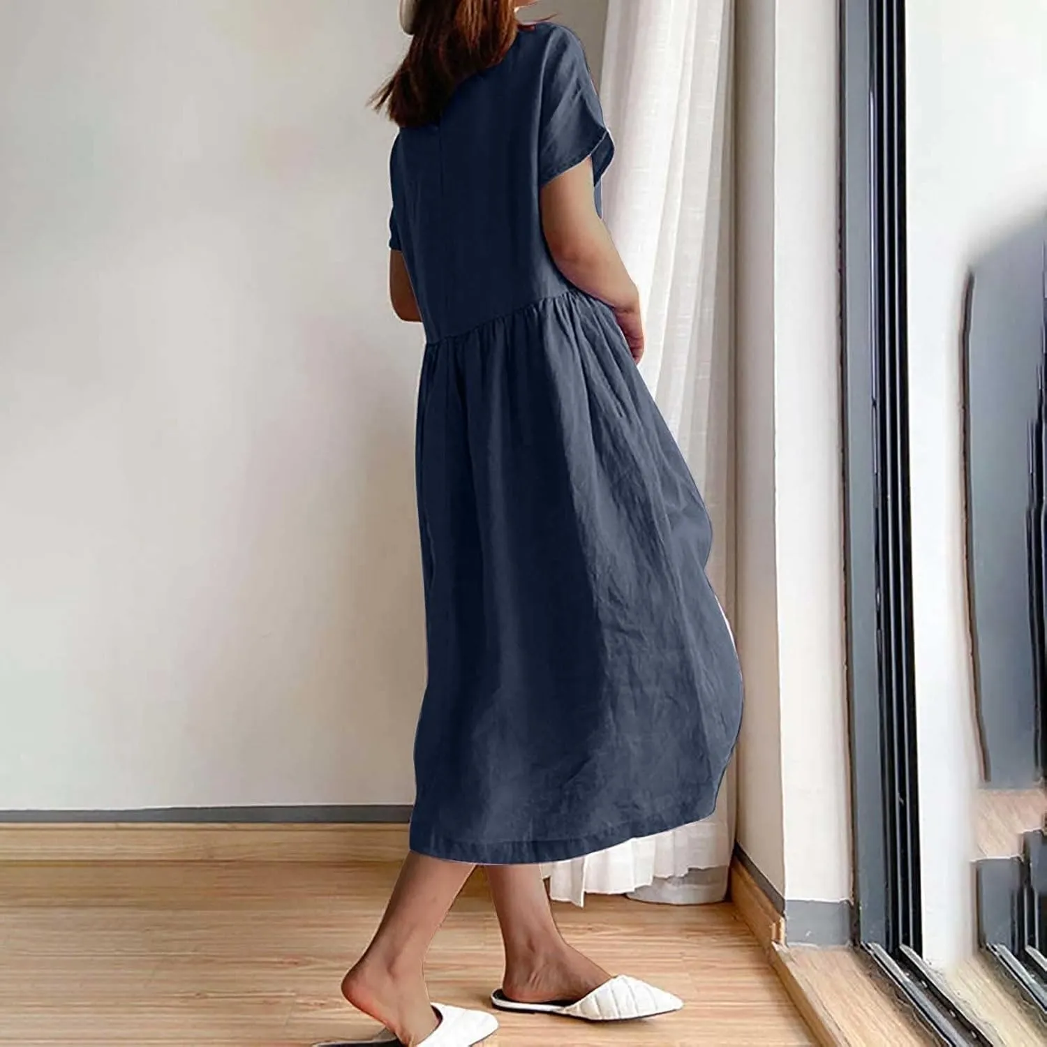 Women's Summer Dresses Casual Short Sleeve Cotton Linen Dress Solid Color Loose Beach T-Shirt Sundress with Pockets