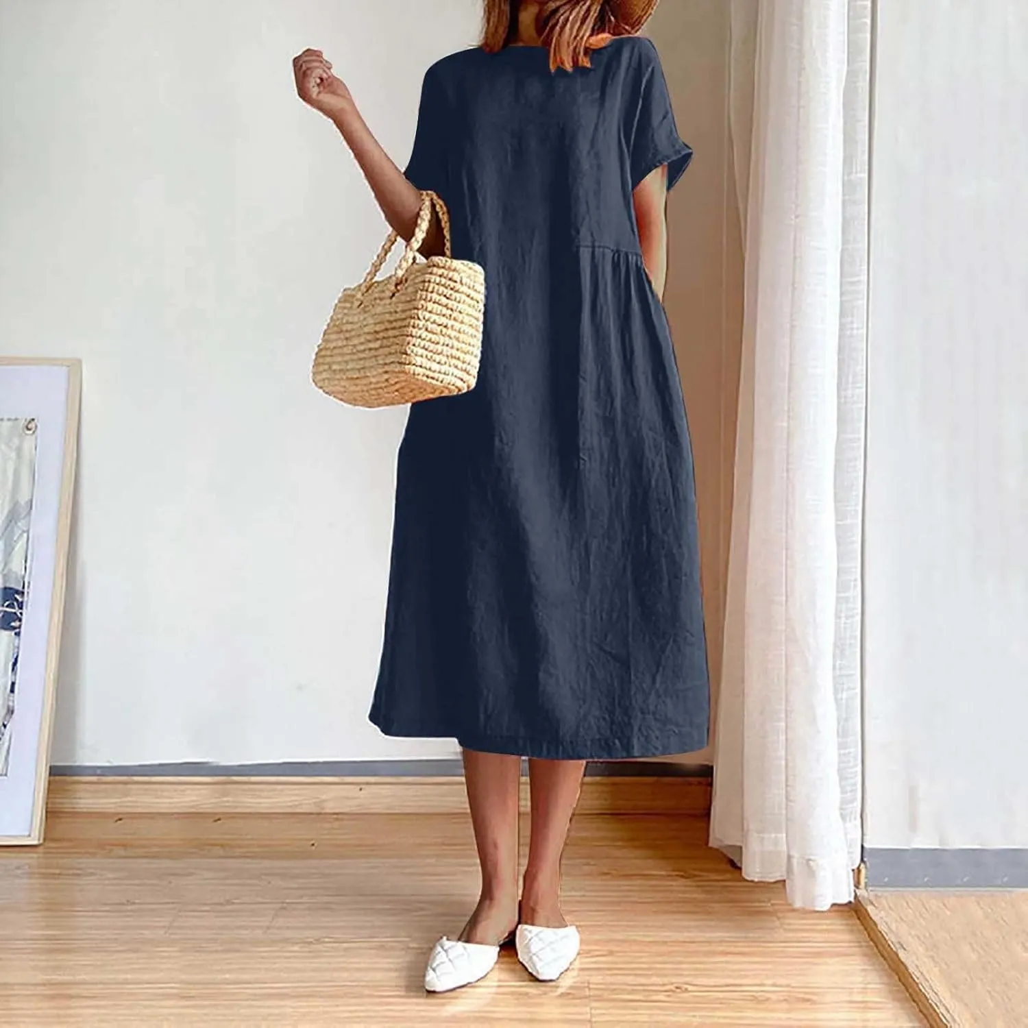 Women's Summer Dresses Casual Short Sleeve Cotton Linen Dress Solid Color Loose Beach T-Shirt Sundress with Pockets