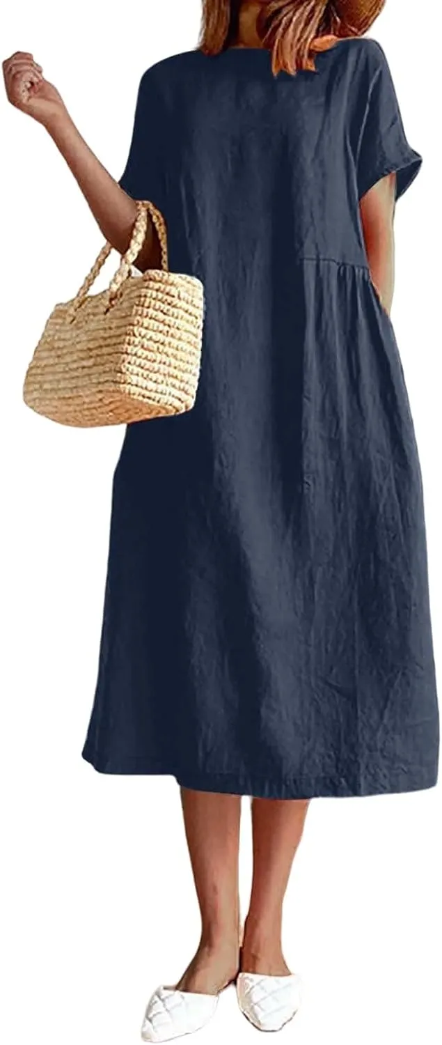 Women's Summer Dresses Casual Short Sleeve Cotton Linen Dress Solid Color Loose Beach T-Shirt Sundress with Pockets
