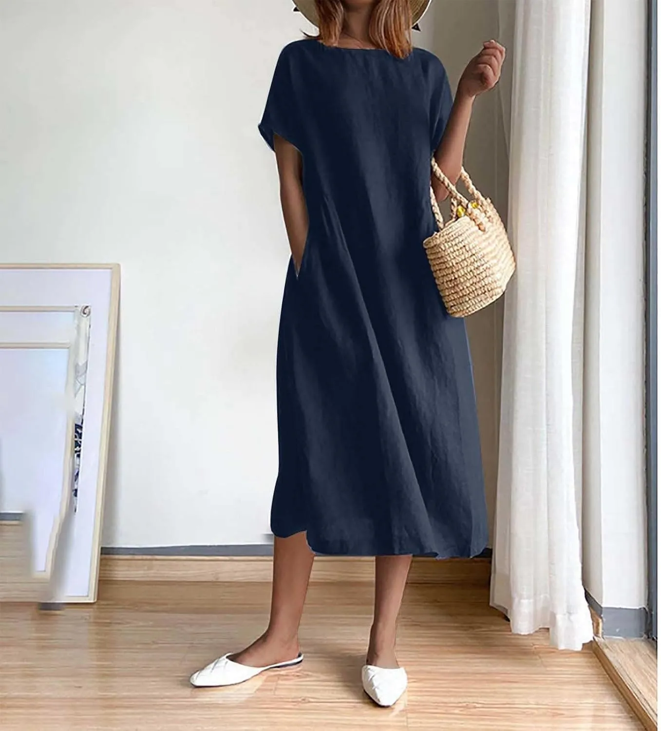 Women's Summer Dresses Casual Short Sleeve Cotton Linen Dress Solid Color Loose Beach T-Shirt Sundress with Pockets
