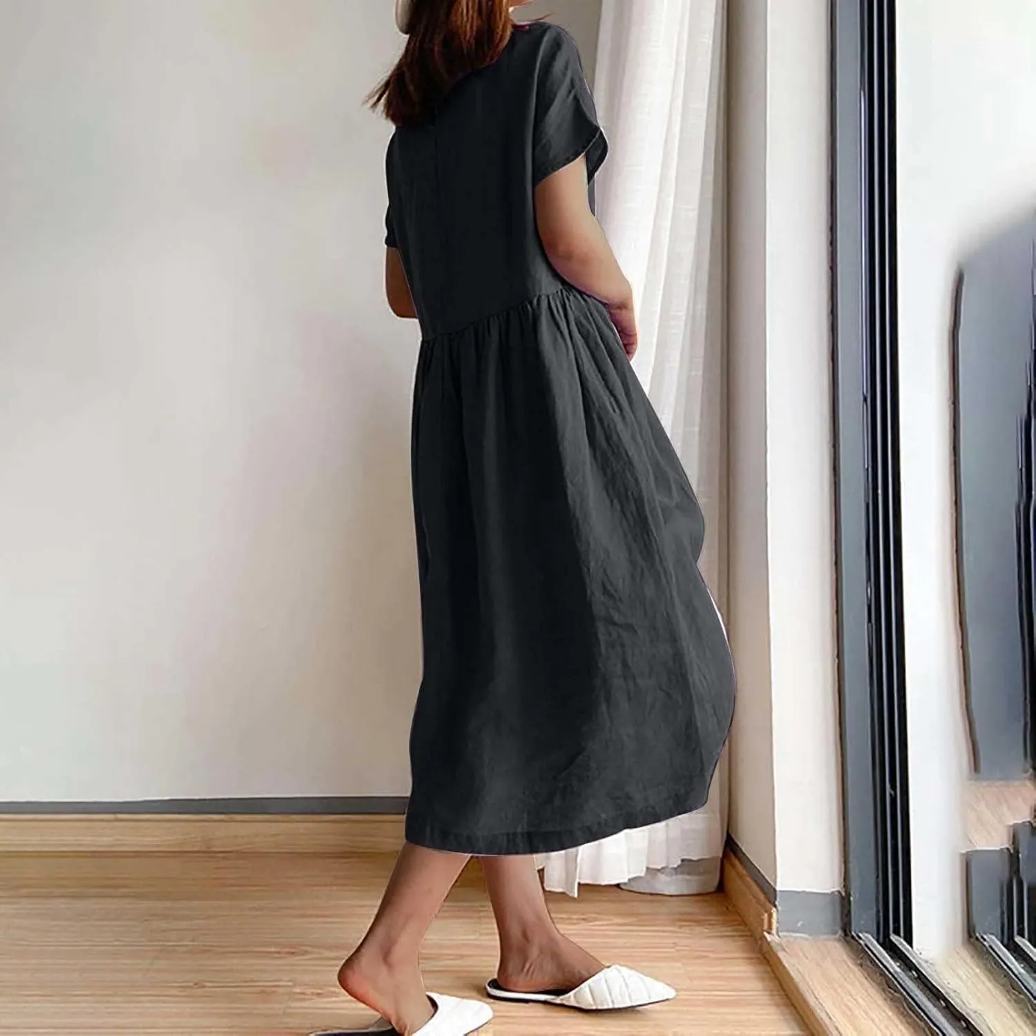 Women's Summer Dresses Casual Short Sleeve Cotton Linen Dress Solid Color Loose Beach T-Shirt Sundress with Pockets