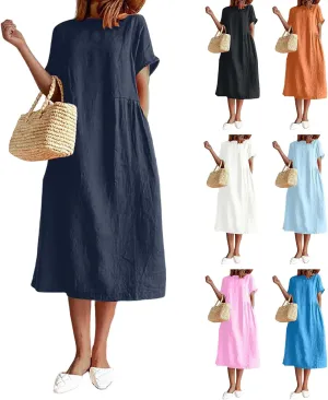 Women's Summer Dresses Casual Short Sleeve Cotton Linen Dress Solid Color Loose Beach T-Shirt Sundress with Pockets