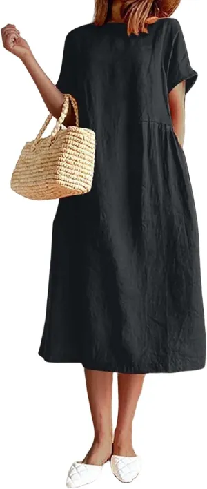 Women's Summer Dresses Casual Short Sleeve Cotton Linen Dress Solid Color Loose Beach T-Shirt Sundress with Pockets