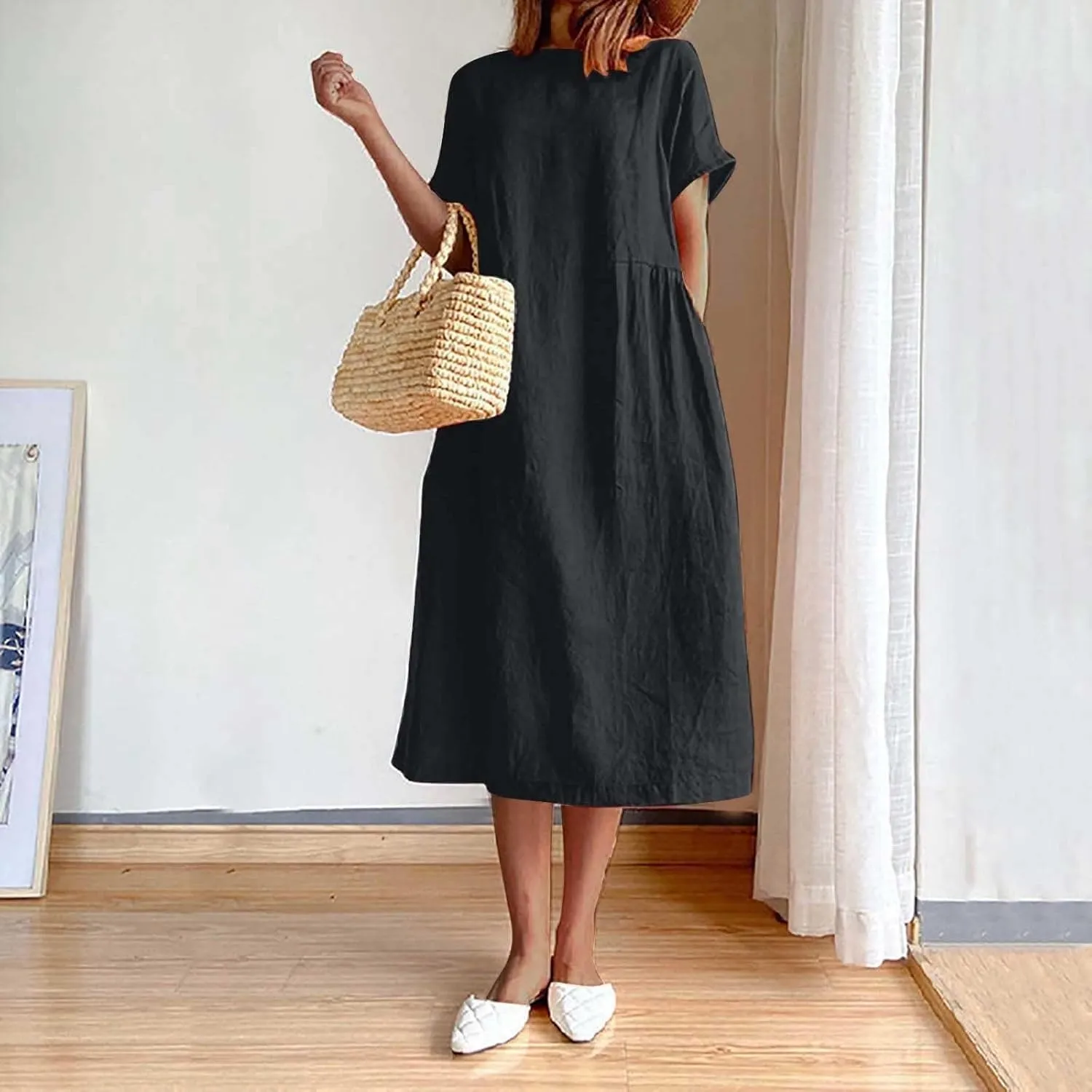 Women's Summer Dresses Casual Short Sleeve Cotton Linen Dress Solid Color Loose Beach T-Shirt Sundress with Pockets