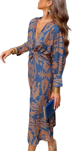 Women's Summer Groovy Floral Bodycon Dresses Casual Deep V Neck Long Sleeve Ruffle Hem Cocktail Mesh Maxi Dress