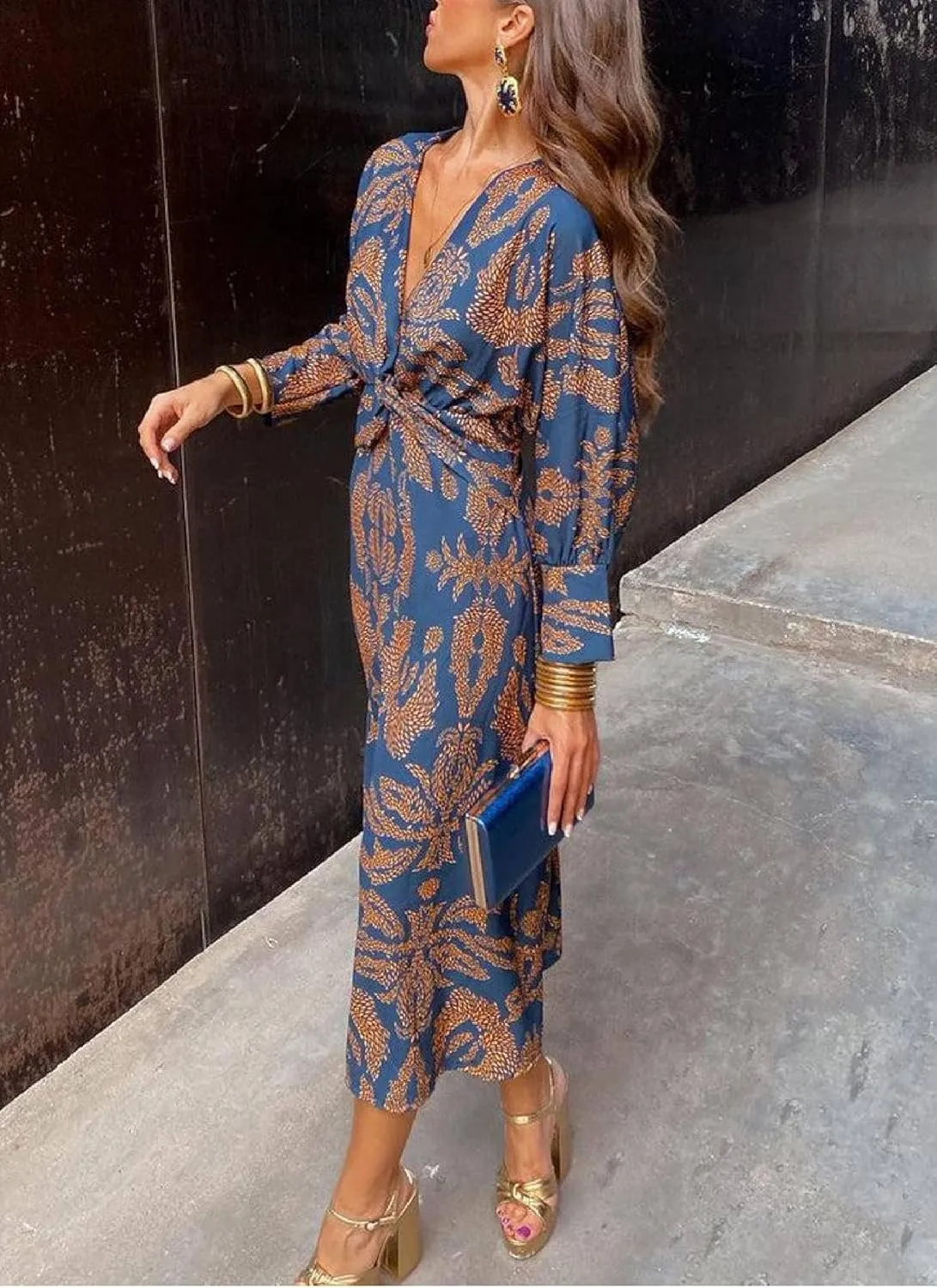 Women's Summer Groovy Floral Bodycon Dresses Casual Deep V Neck Long Sleeve Ruffle Hem Cocktail Mesh Maxi Dress