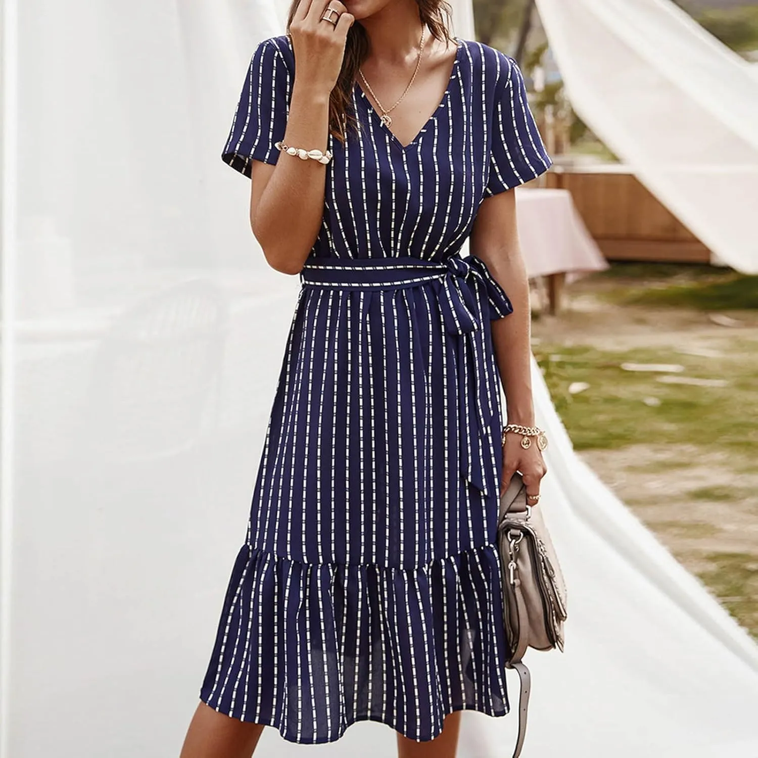 Womens Summer Striped Ruffle Hem Dress Short Sleeve V Neck Flowy A-Line Dresses Casual Waist Lace Up Knee Length Dress