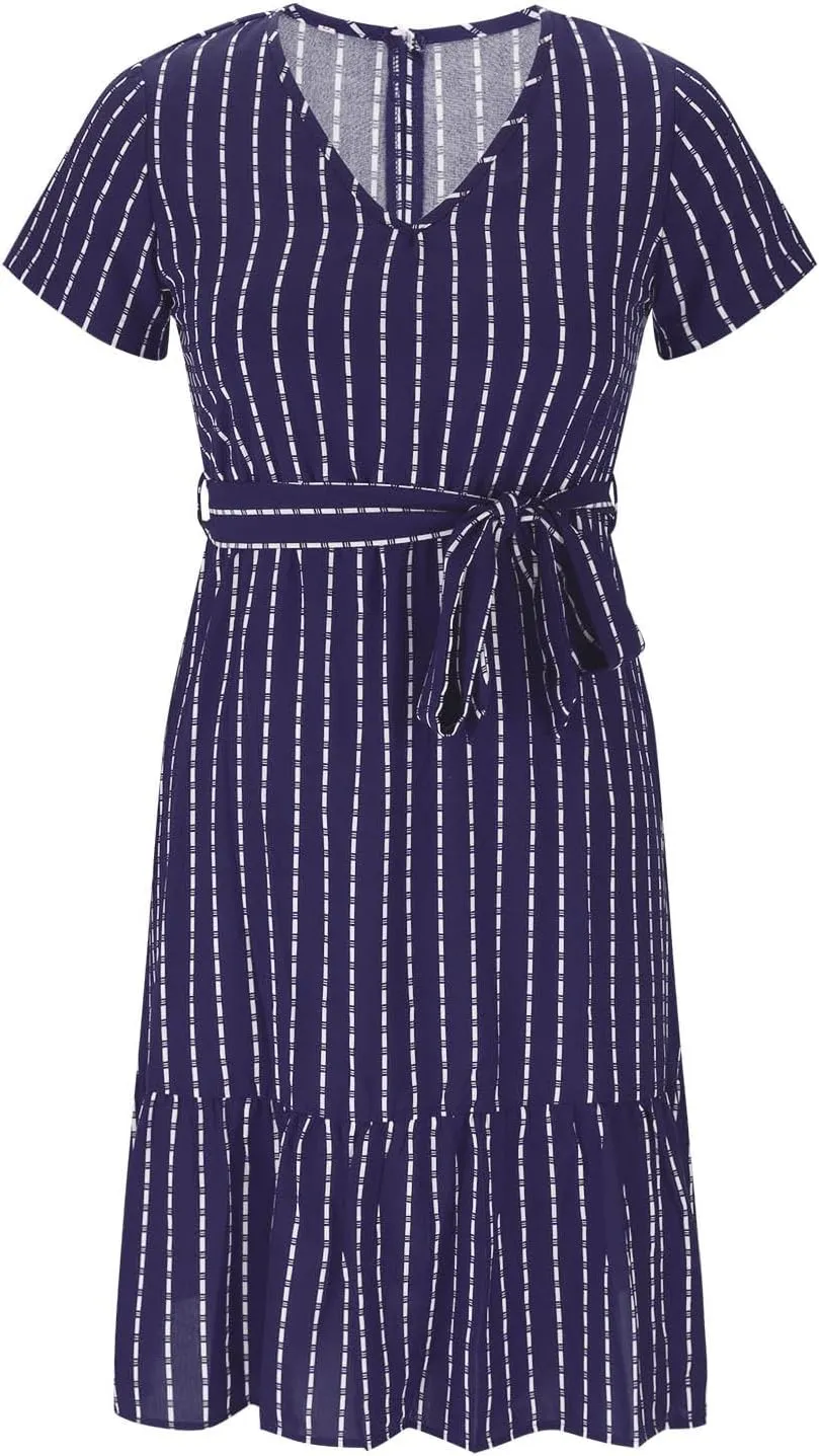 Womens Summer Striped Ruffle Hem Dress Short Sleeve V Neck Flowy A-Line Dresses Casual Waist Lace Up Knee Length Dress