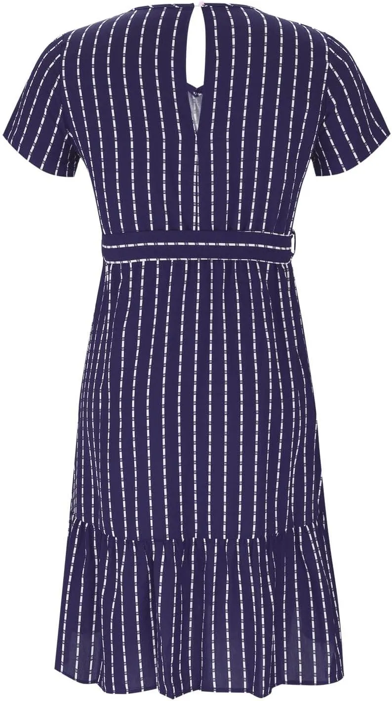 Womens Summer Striped Ruffle Hem Dress Short Sleeve V Neck Flowy A-Line Dresses Casual Waist Lace Up Knee Length Dress