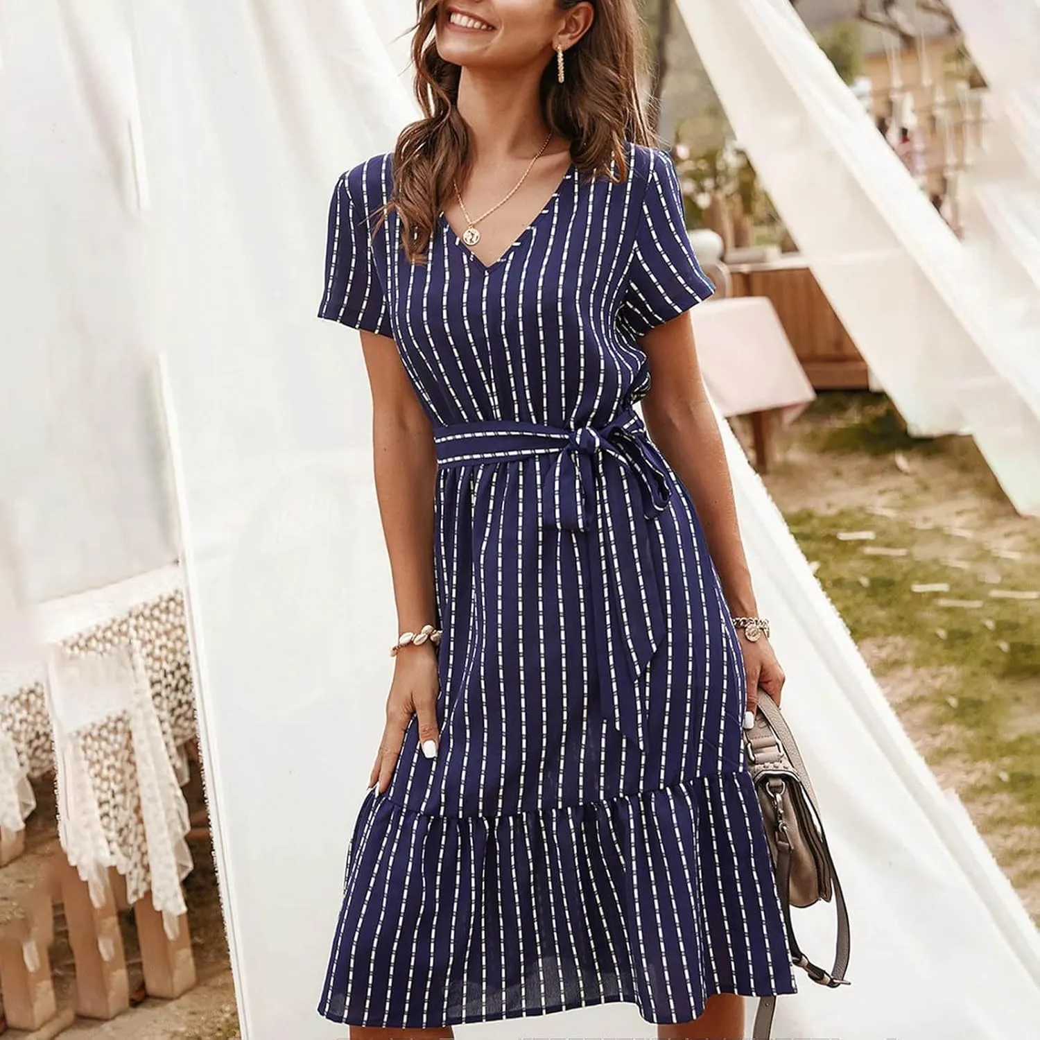 Womens Summer Striped Ruffle Hem Dress Short Sleeve V Neck Flowy A-Line Dresses Casual Waist Lace Up Knee Length Dress
