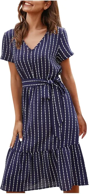 Womens Summer Striped Ruffle Hem Dress Short Sleeve V Neck Flowy A-Line Dresses Casual Waist Lace Up Knee Length Dress