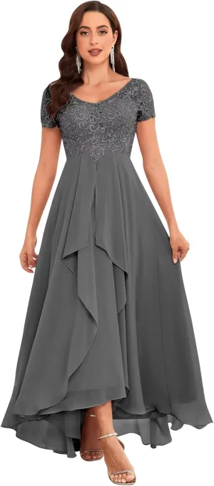 Women's Tea Length Mother of The Bride Dresses for Wedding with Sleeves Lace Applique Formal Dresses