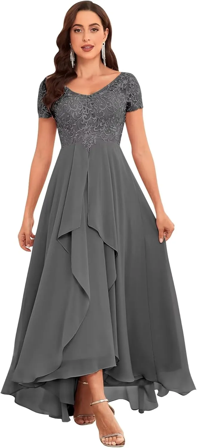 Women's Tea Length Mother of The Bride Dresses for Wedding with Sleeves Lace Applique Formal Dresses