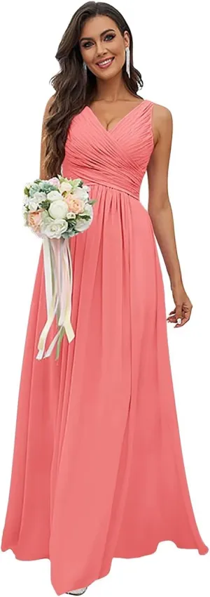 Women's V Neck Chiffon Bridesmaid Dresses for Wedding Pleated A Line Long Formal Wedding Evening Dresses