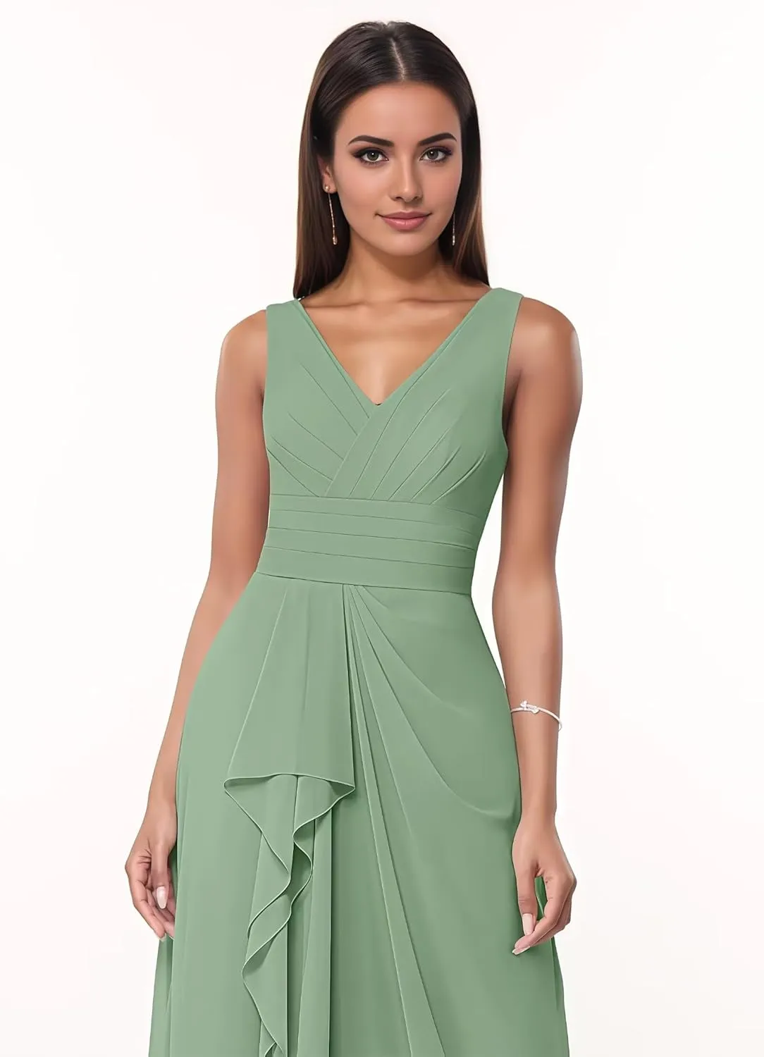 Women's V Neck Chiffon Bridesmaid Dresses with Ruffles Long A-line Pleated Formal Evening Gowns with Pockets