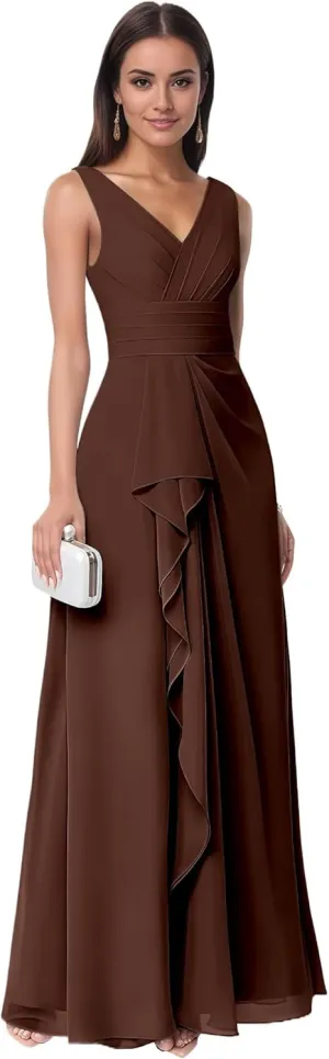 Women's V Neck Chiffon Bridesmaid Dresses with Ruffles Long A-line Pleated Formal Evening Gowns with Pockets